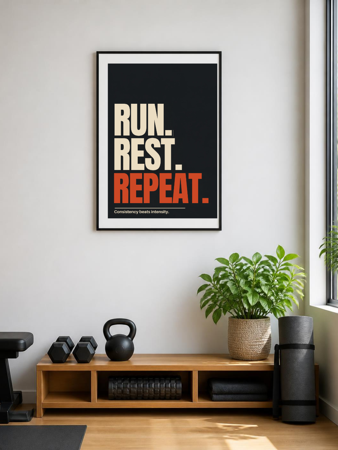Run. Rest. Repeat. poster in a frame in a home gym – room mockup