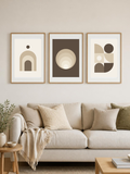 Sand bundle – three framed posters above a cream sofa, room mockup