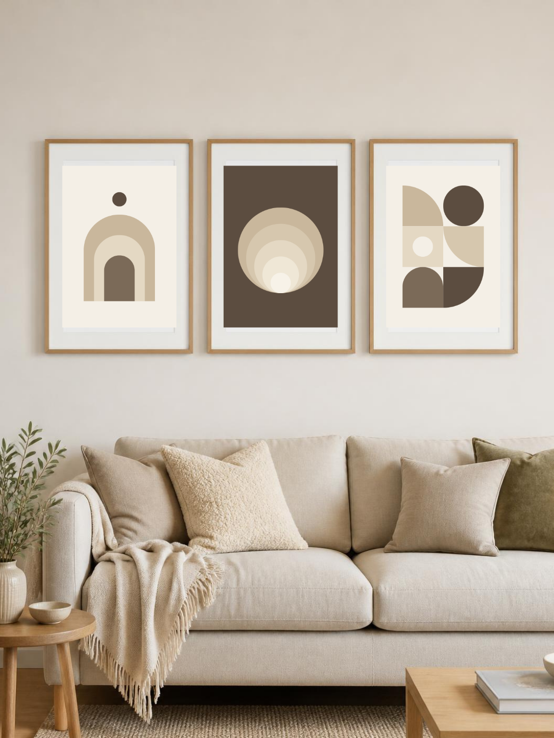Sand bundle – three framed posters above a cream sofa, room mockup