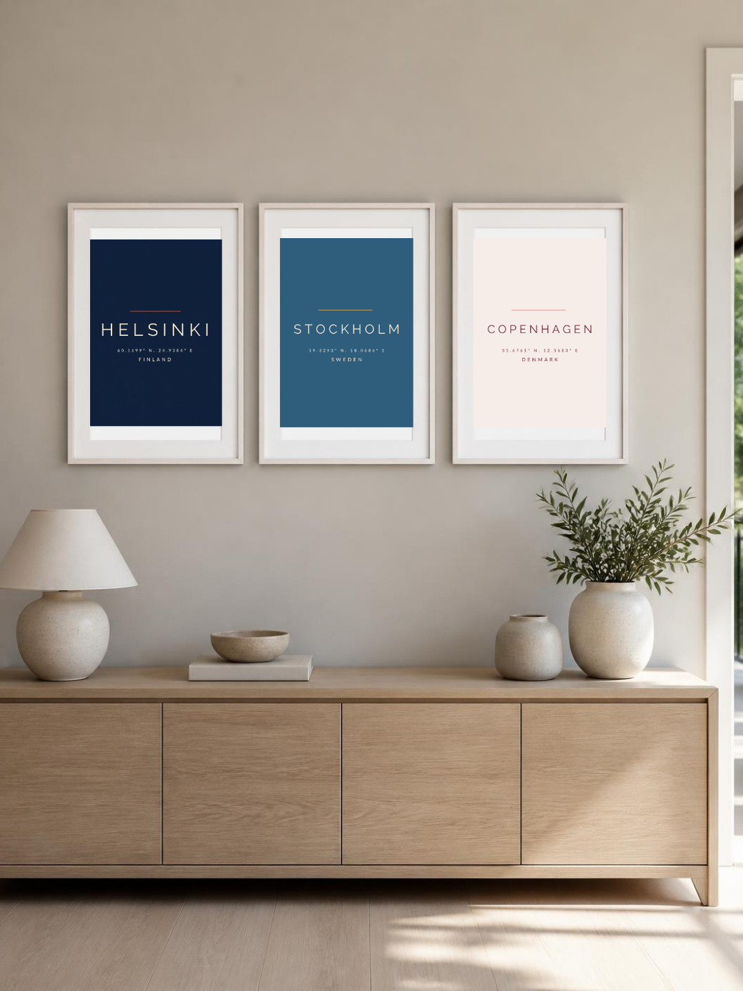Nordic Capitals bundle – three framed posters above a sideboard, room mockup