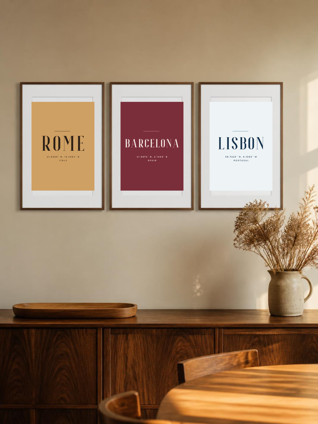 Mediterranean Cities bundle – three framed posters above a wooden sideboard, room mockup