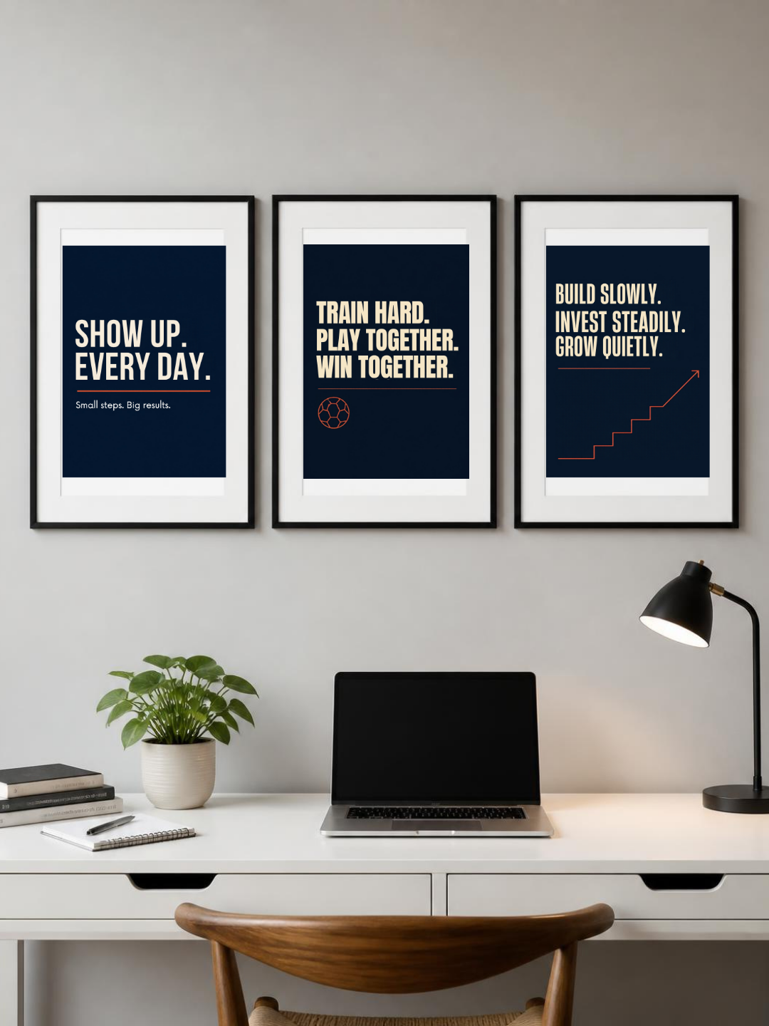Poster bundle – three framed posters above a desk, room mockup